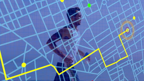 navigation map line scheme over caucasian fit man running against grey background