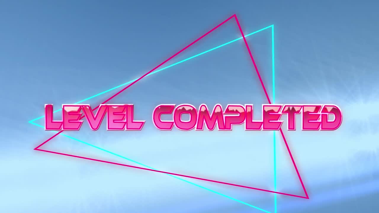 네온 삼각형 위에 파란색 배경에 빛의 반점 위에 레벨 완료 텍스트의 디지털 애니메이션