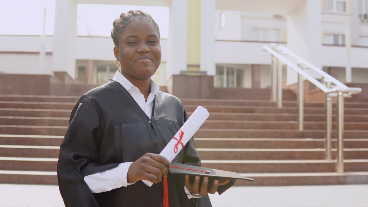 Young african american female graduate standing in front of the camera with a diploma and a hat in her hands. The student is dressed in a black master's robe and stands on the stairs outside.