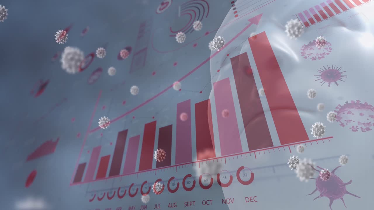 y gráfico de bacterias de coronavirus volando sobre un fondo blanco.