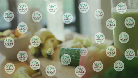 animation of stay natural texts icons over vegetables