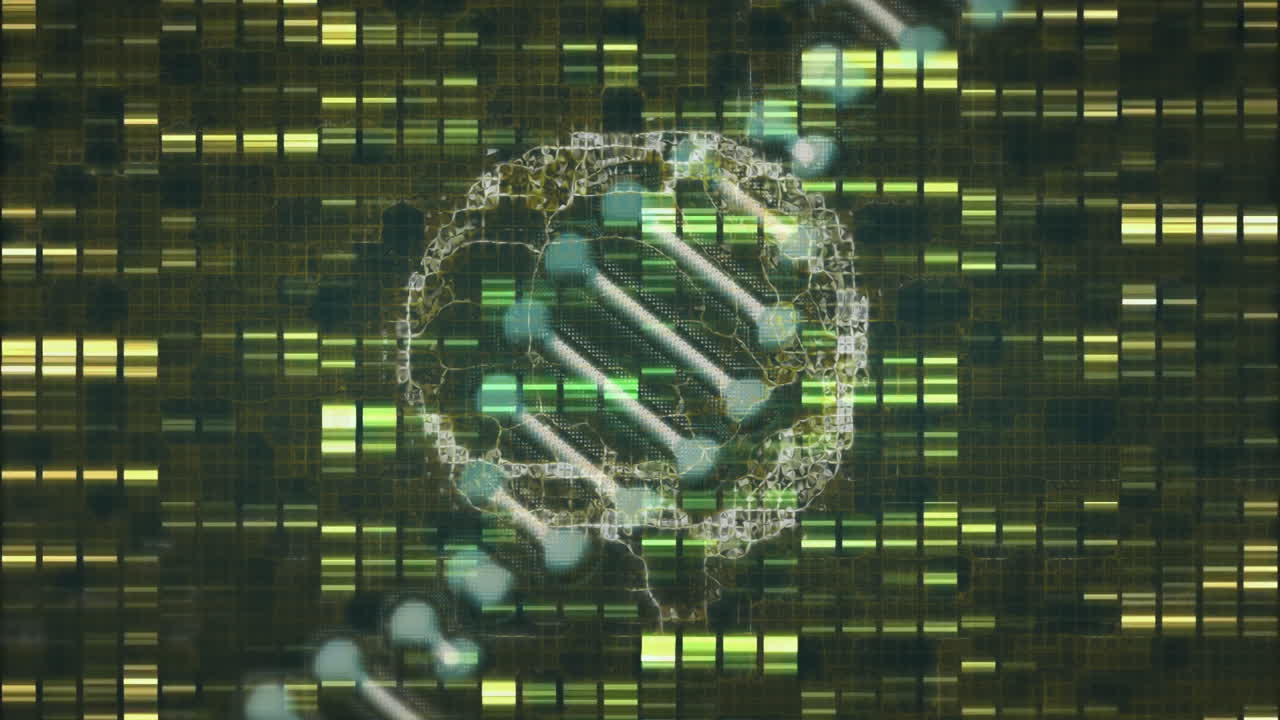 DNA strand and genetic code analysis animation over green and yellow data patterns