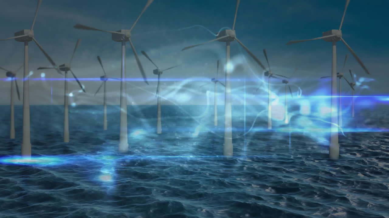 Turbinas eólicas offshore gerando visualização de energia no oceano, mostrando ondas de fluxo de dados brilhantes.