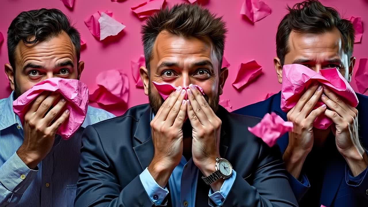 Three men in suits covering their faces with pink tissue paper