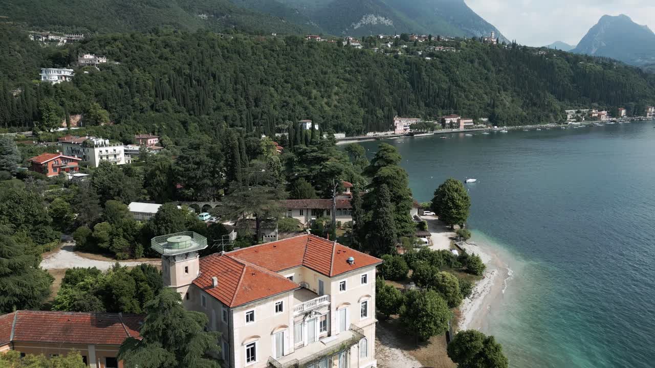 Drone shot of Lake Garda's shoreline in Italy