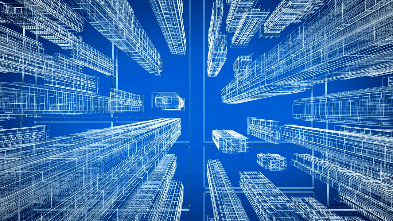 Beautiful Modern City Moving Through the Digital 3d Blueprint Aerial View. Construction and Technology Concept. Blue Color 3d Animation Looped. 4k Ultra HD 3840x2160.