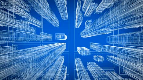 beautiful modern city moving through the digital 3d blueprint aerial view. construction and technology concept. blue color 3d animation looped. 4k ultra hd 3840x2160.