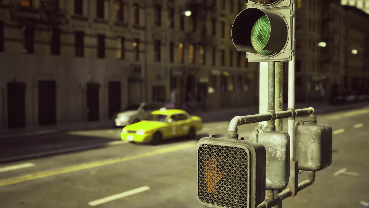 Traffic light in a busy city setting with vehicles on the road
