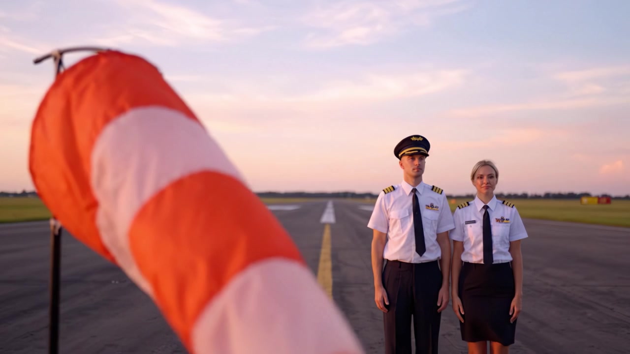 Two pilots stand confidently on the runway, displaying their professionalism against the backdrop of a serene sunset, with a windsock adding a dynamic element to the scene.
