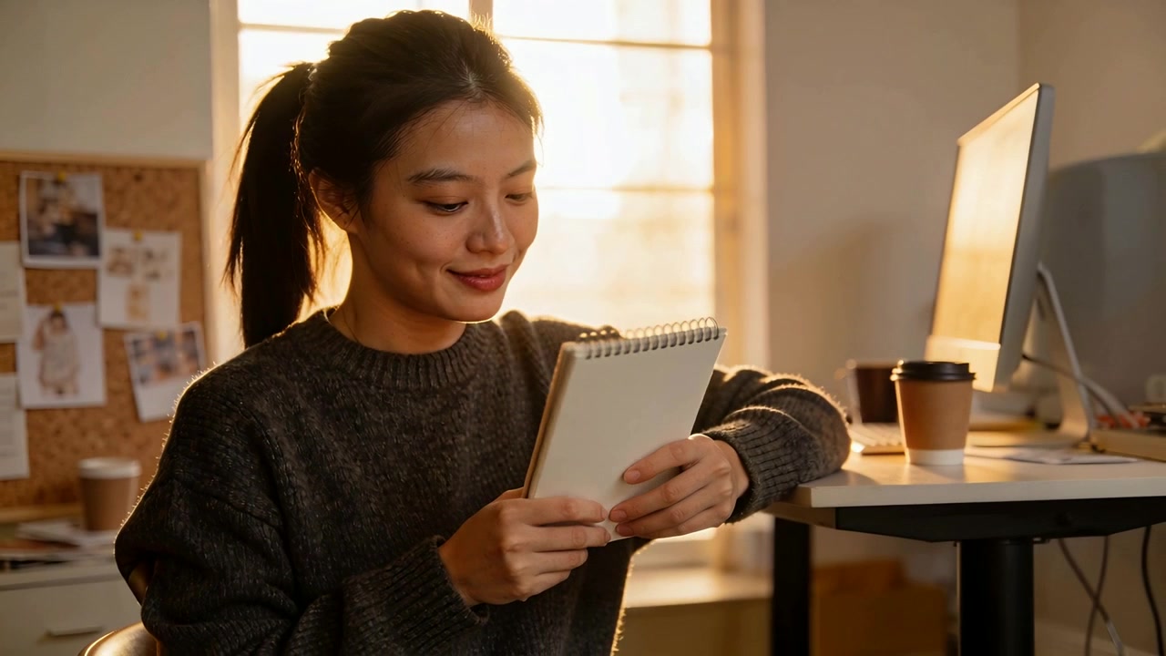 Woman in dark grey sweater lowering gaze to spiral notepad at sunlit desk, flipping pages studying
