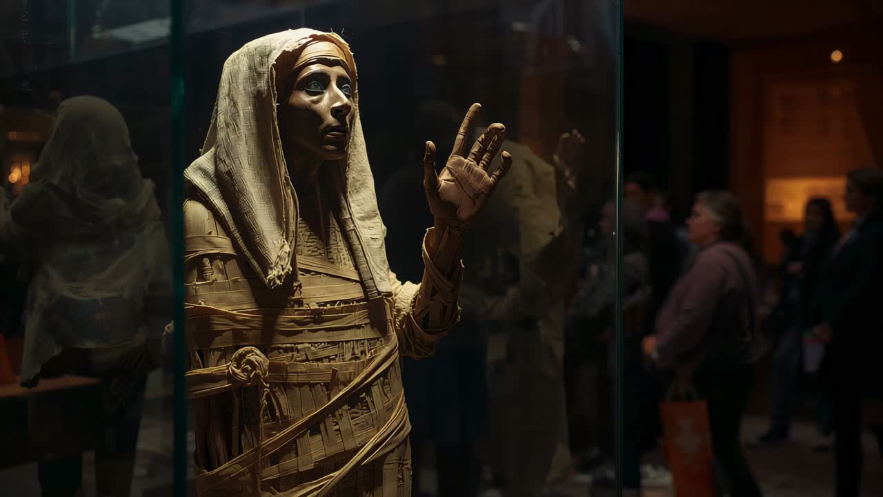 Ruchoma kamera zbliża się do mumii za szkłem w muzeum, ukazując płótno i podniesioną rękę