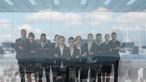 animation of diverse business people over cityscape