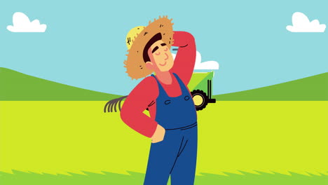 animación de estilo de vida agrícola con agricultor y tractor