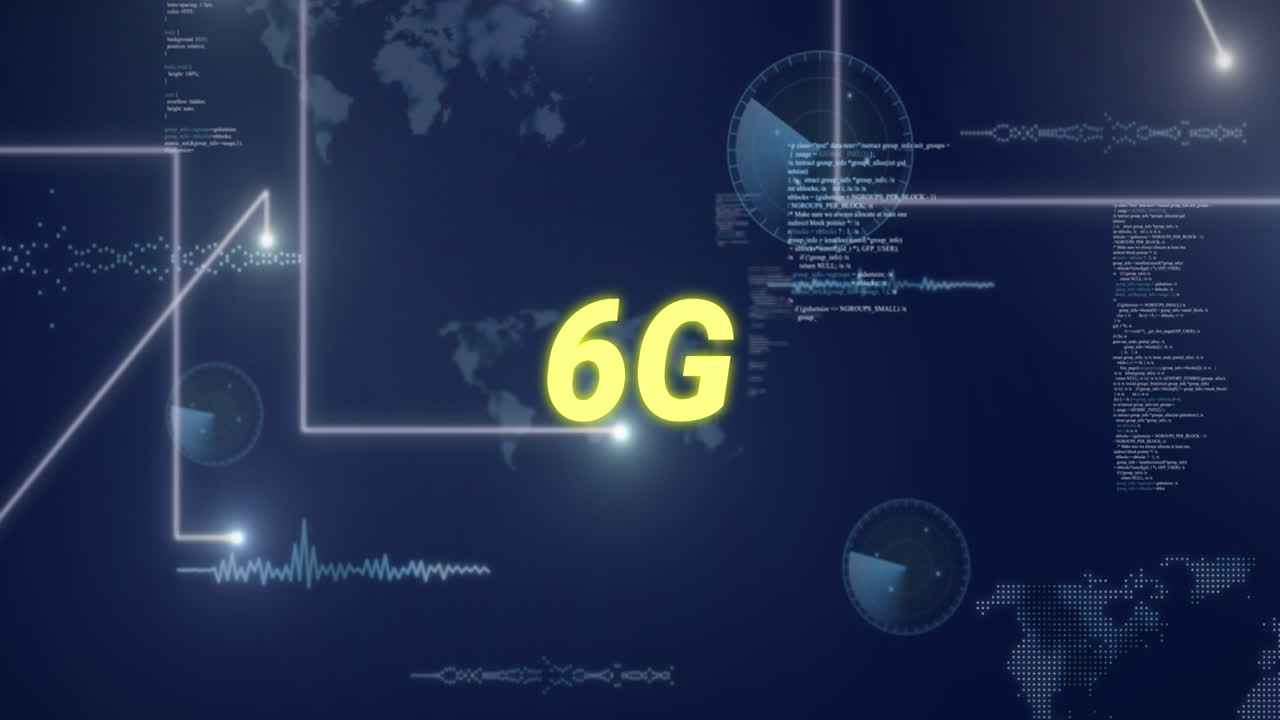 animación de texto 6g, mapa del mundo y procesamiento de datos por computadora.
