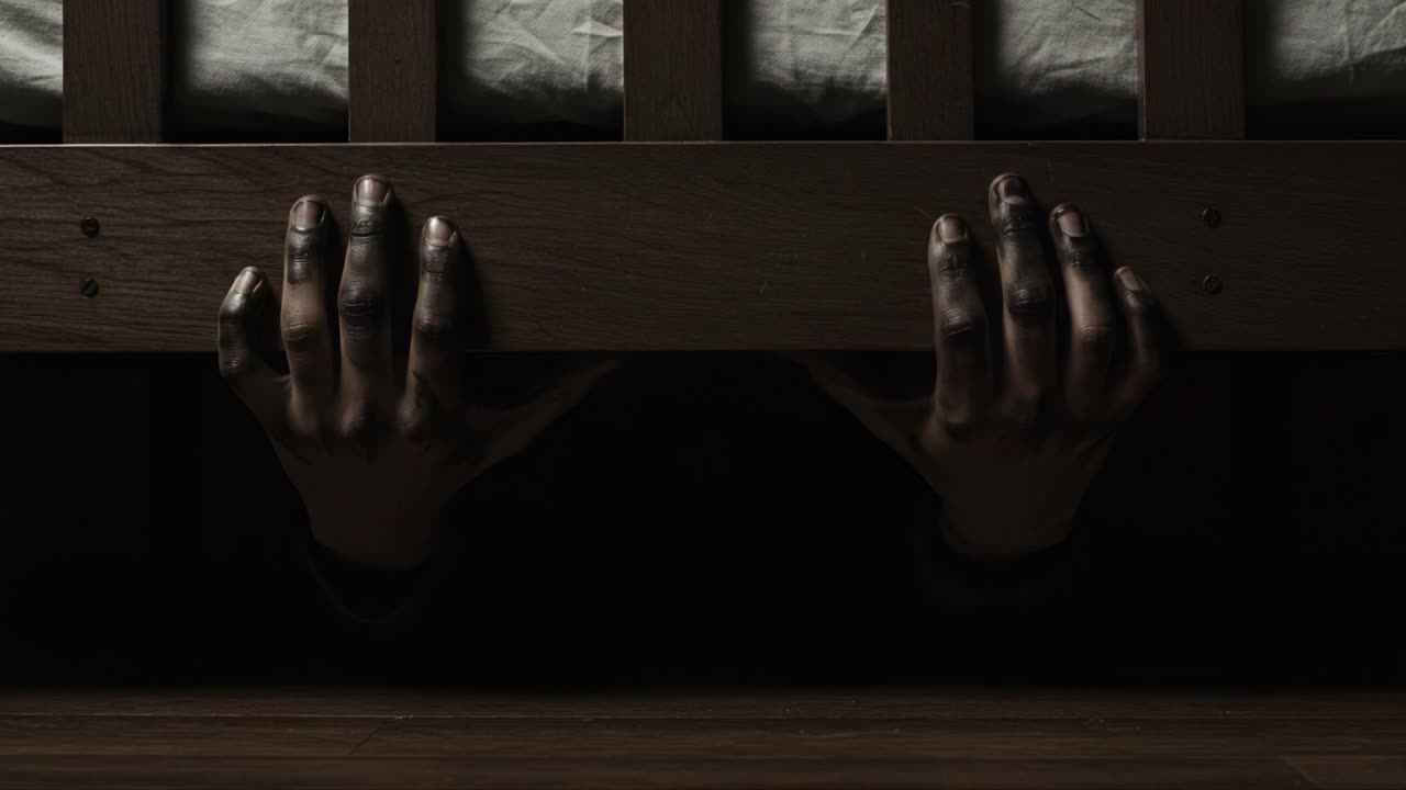 A Suspenseful Scene Under the Bed: Eerie Hands Clutching the Wooden Frame, Suggesting a Hidden Presence and Instilling a Sense of Fear and Anticipation in the Viewer