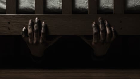 a suspenseful scene under the bed: eerie hands clutching the wooden frame, suggesting a hidden presence and instilling a sense of fear and anticipation in the viewer