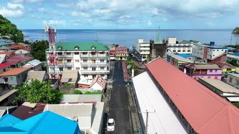 Aerial-flyover-Main-Street-of-Soufriere,-St-Lucia