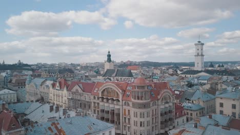 Aerial-City-Lviv,-Ukraine.-European-City.-Popular-areas-of-the-city.-Rooftops