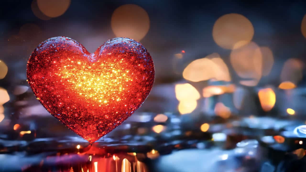 A red heart is lit up with a glowing light. The heart is surrounded by a blurry background with a blue and white color scheme. Concept of warmth and love, as the heart is lit up and the blue