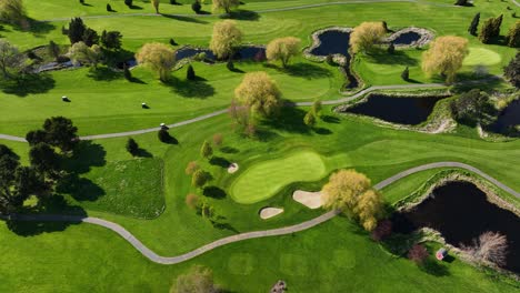 Toma-Aérea-De-Arriba-Hacia-Abajo-De-Carros-De-Golf-Conduciendo-A-Través-De-Un-Campo-De-Golf-Verde-Y-Exuberante