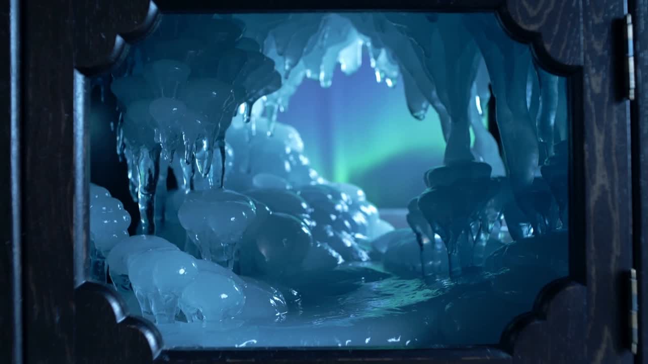 Aurora brightening causing ice grotto shimmering inside wooden opening with hinge, icicles and pool