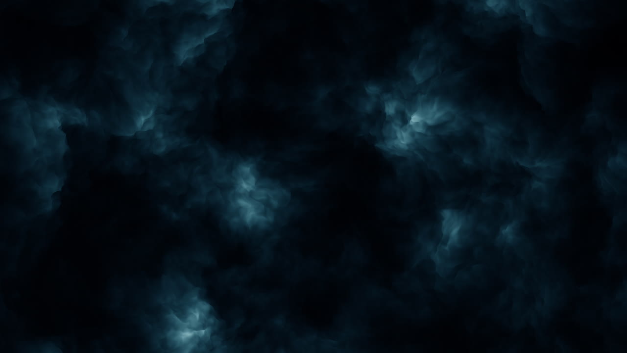 Abstract dark blue storm clouds and smoky mist drifting across a black background, atmospheric fog texture for cinematic titles, overlays, transitions, and mood scenes