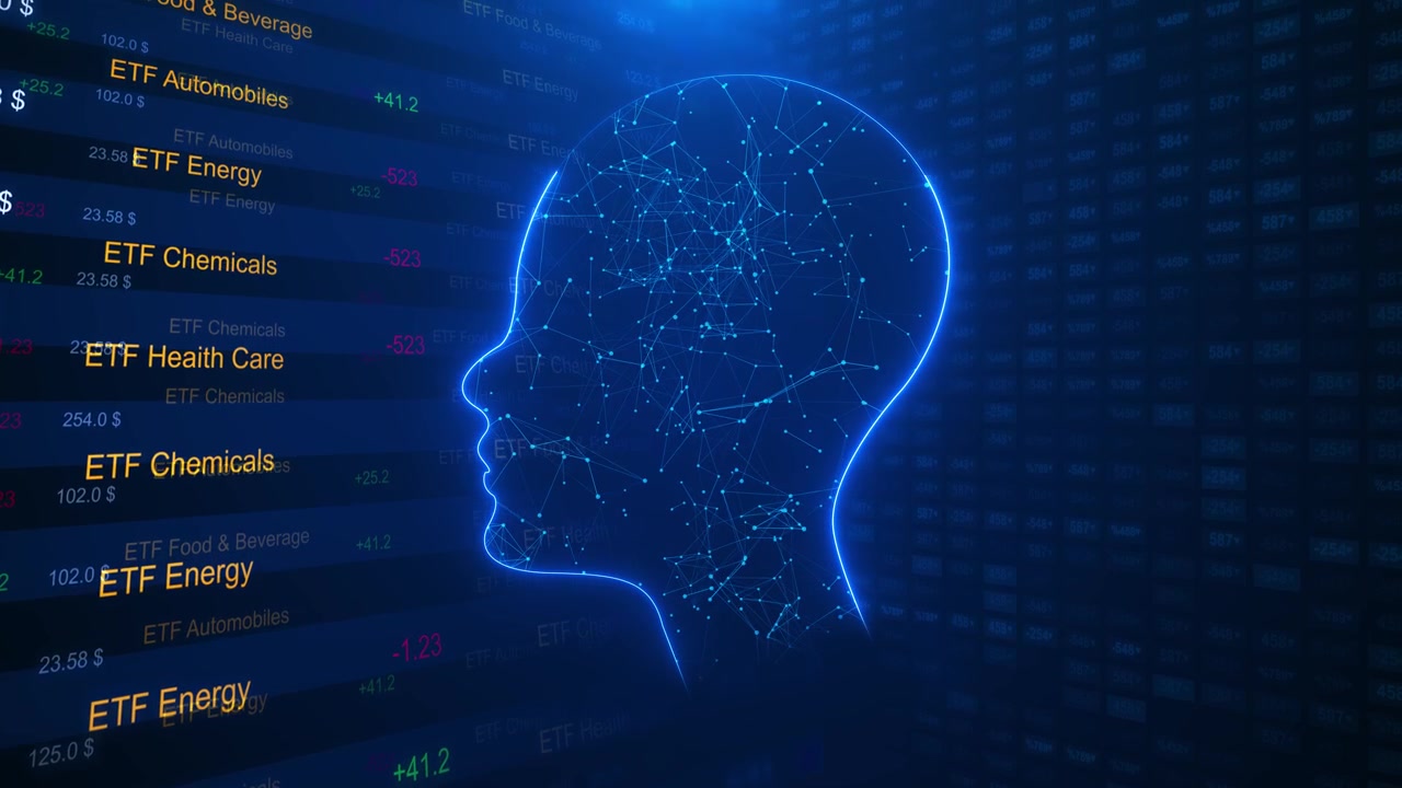 Digital finance ai head blue network profile stock market data etf text glowing analytics background