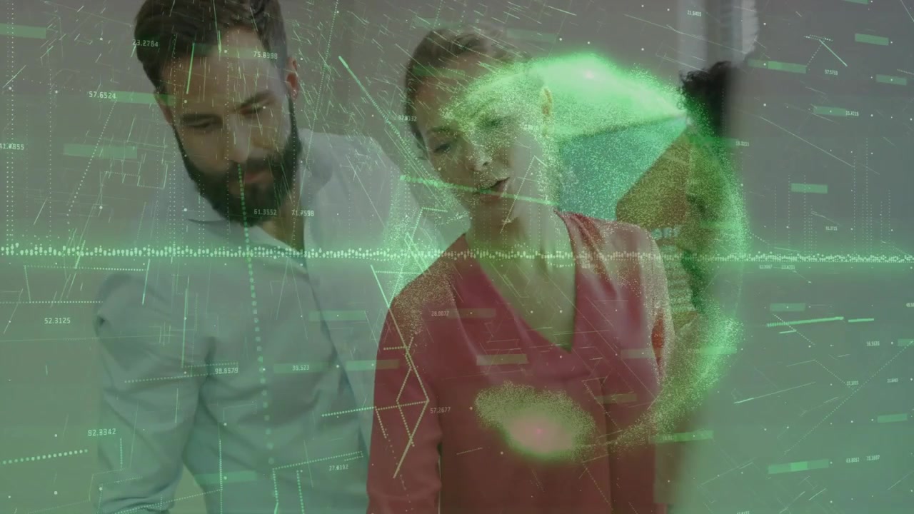 woman pointing at desk starting 3D globe data display for strategic planning with colleagues