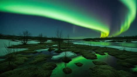 A Stunning Display of Northern Lights Illuminating the Frozen Landscape, Creating a Dreamlike Atmosphere Reflected in the Water Below and Casting an Enchanting Glow