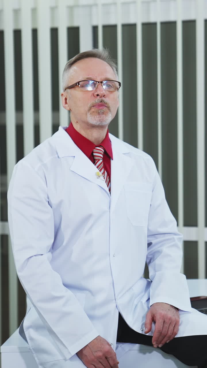 Medical consultation. Professional man doctor wears medical uniform talking on camera in the modern cabinet in clinic. Vertical video