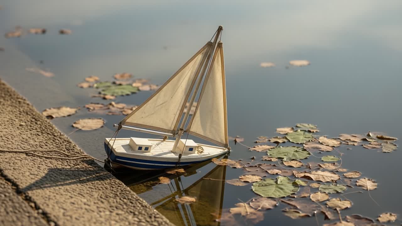 A Serene View of a Model Sailboat Floating Calmly on Still Water Surrounded by Fallen Leaves, Capturing the Essence of Tranquility and Nature's Beauty