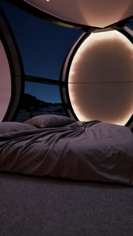 futuristic circular bedroom at night