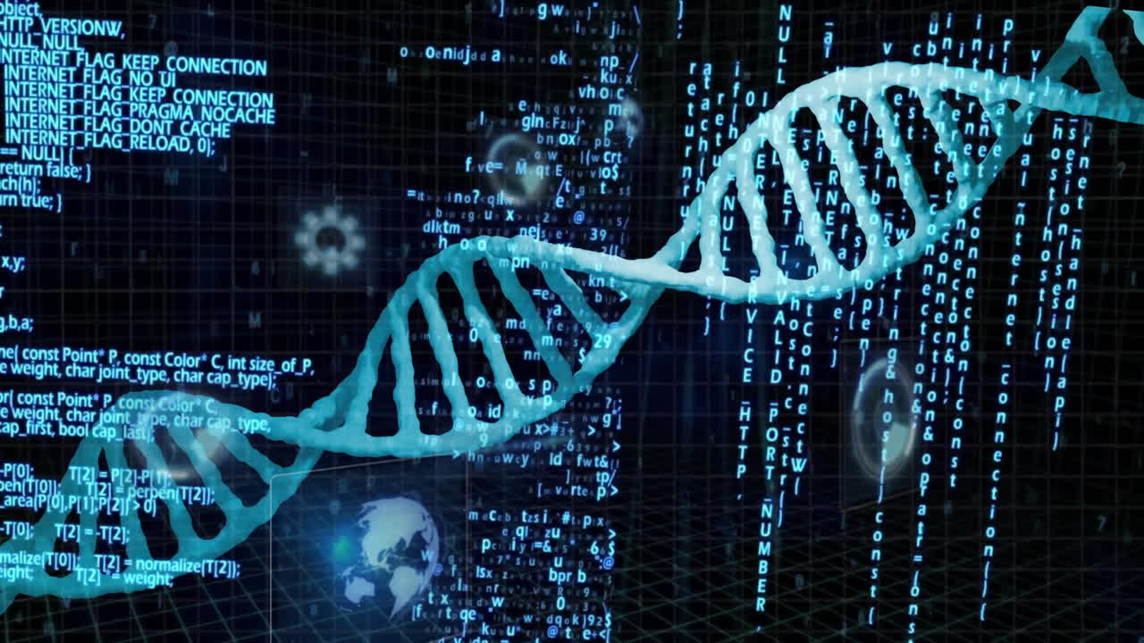 Scientific data processing animation with DNA strand and binary coding elements