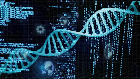 scientific data processing animation with dna strand and binary coding elements