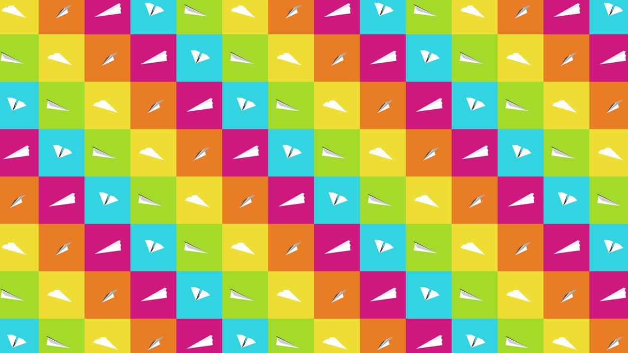 Handmade paper plane collection. Loop animation of flowing white paper plane on colorful background. Business connection concept. Origami airplane flying.