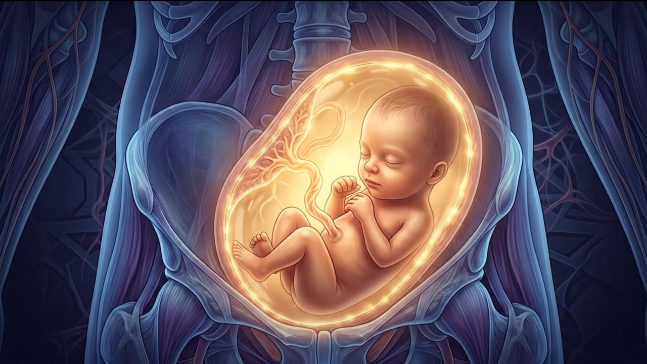Illustrazione medica di feto umano che si sviluppa all'interno dell'utero