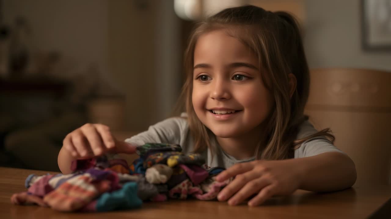 Respondendo a uma chamada fora da câmera, menina de camisa clara alcança a mesa de casa, manuseando uma pilha de meias coloridas.