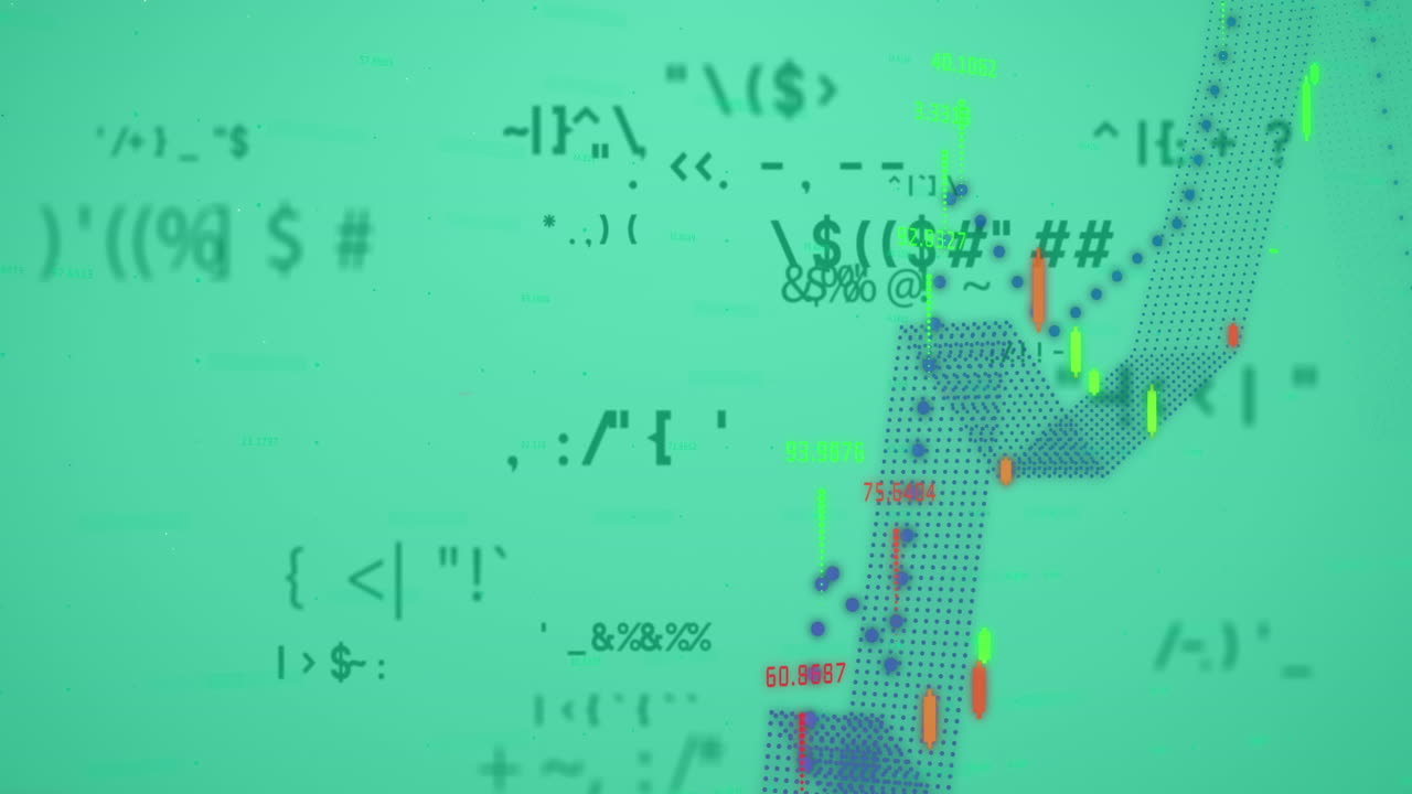 Animation of numbers and financial data processing over green background