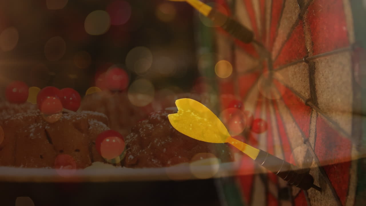 다트 보드 에 있는 노란색 화살표 의 근접 사진 위 에 박이는 빛 의 반점 들 의 애니메이션