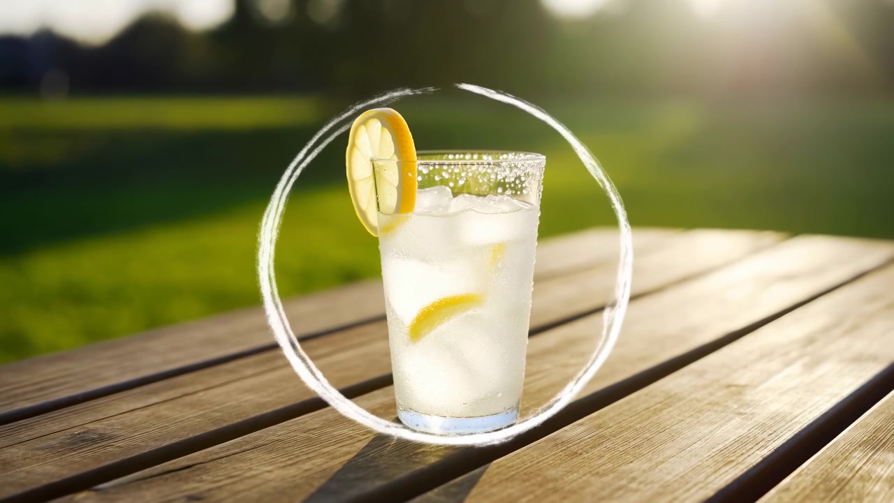 氷とレモンスライスを添えた透明な柑橘系飲料が、明るい日中の光の中で木製のテーブルに置かれている。背景には柔らかくぼかされた緑の公園と温かい自然光がある。