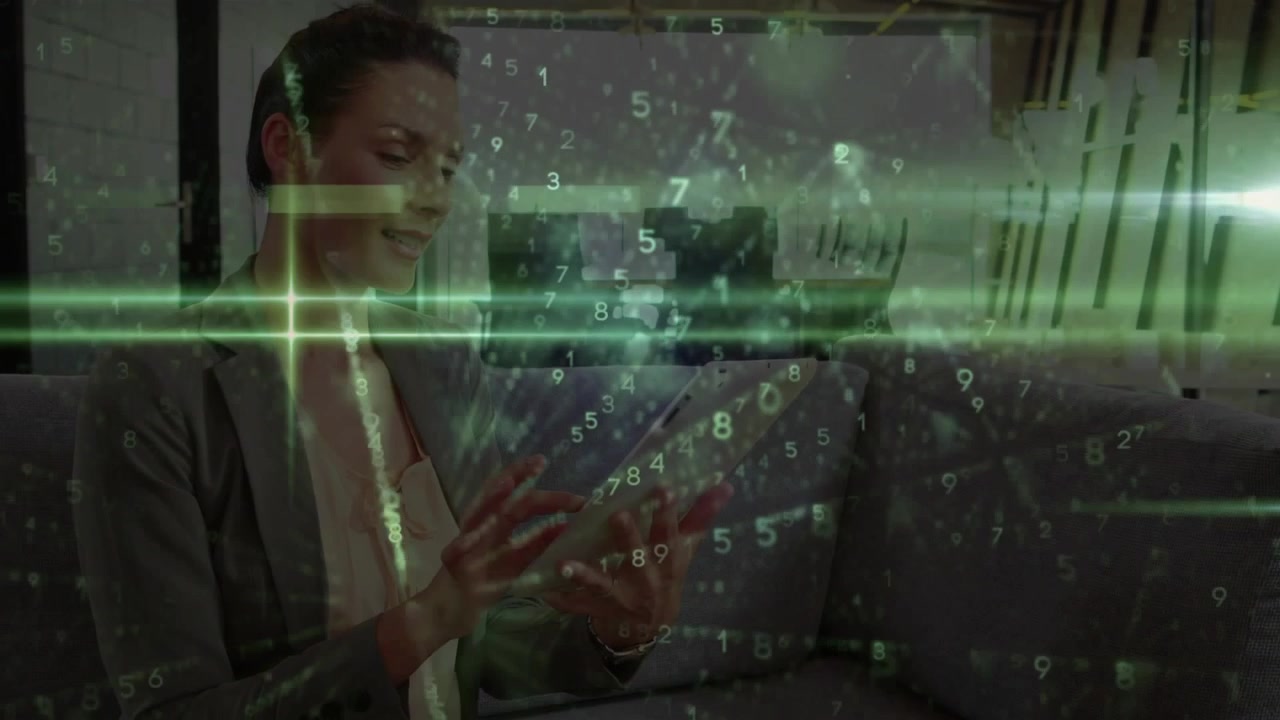 Mid-adult woman tapping tablet analyzing data, sorting numbers under green scan line in technology