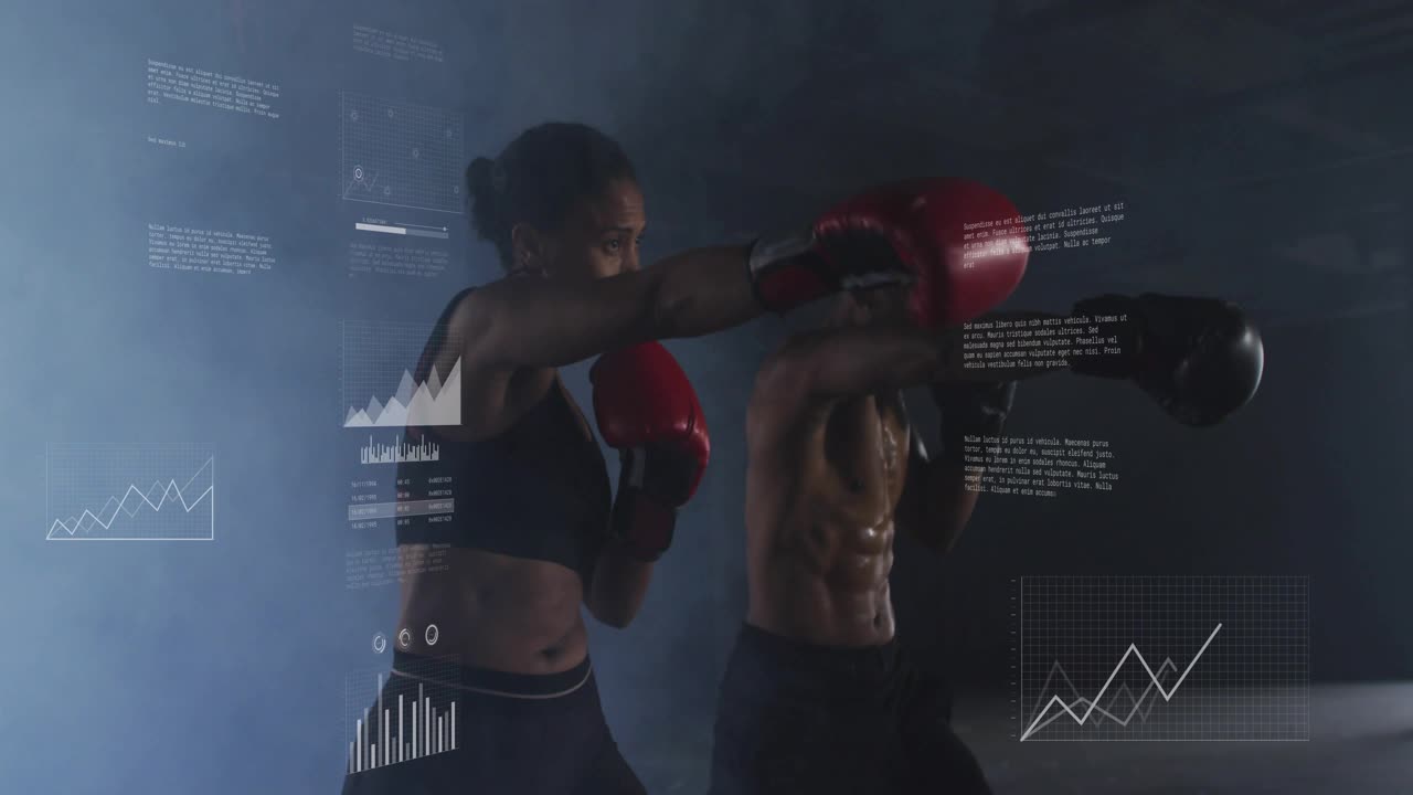 Woman throwing jabs, man blocking and countering HUD graphs appearing on torsos for sports analysis