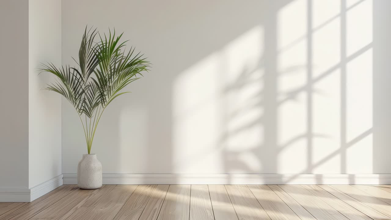 Minimalist interior with a potted plant casting shadows on a sunlit wall