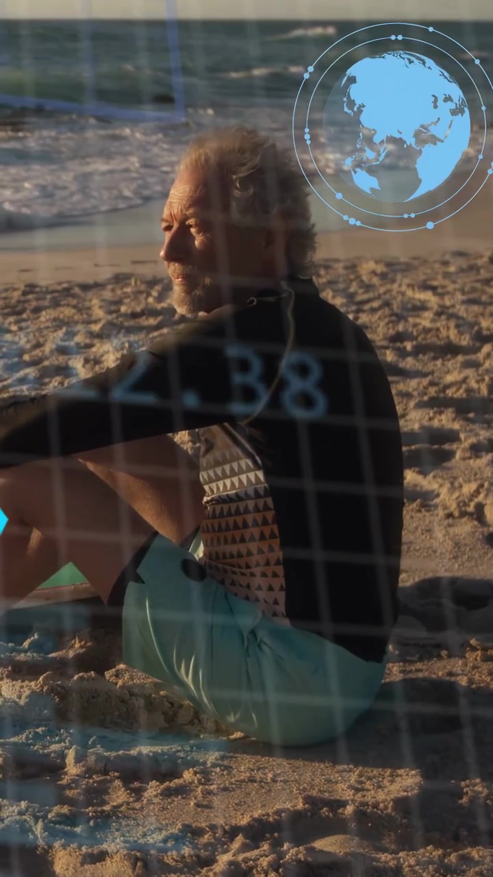 Vertical video: Senior man sitting sand data driving AR grid over him and rising charts for analyt