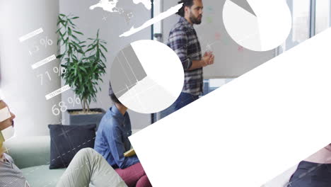 animation of financial data processing over diverse colleagues having meeting in office