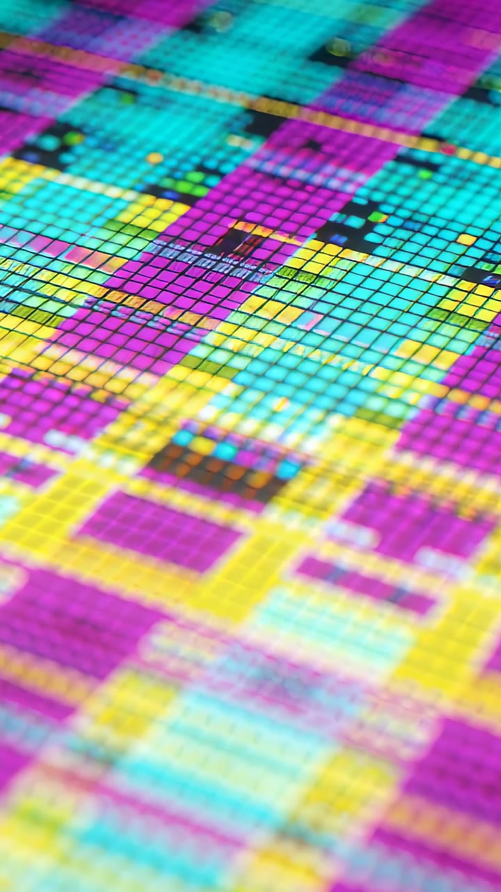 Vertical video: Initiating macro sweep, camera showing color grid cells in lab, revealing dark die
