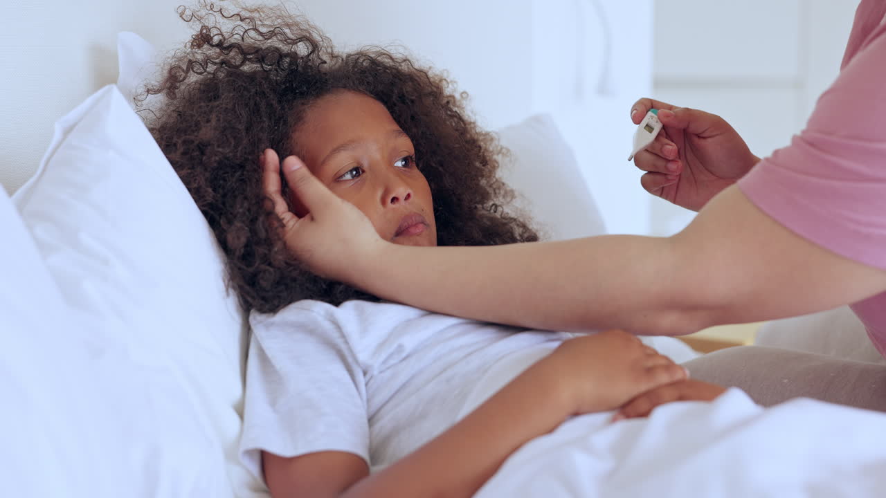 Sick, hands and girl child with thermometer to