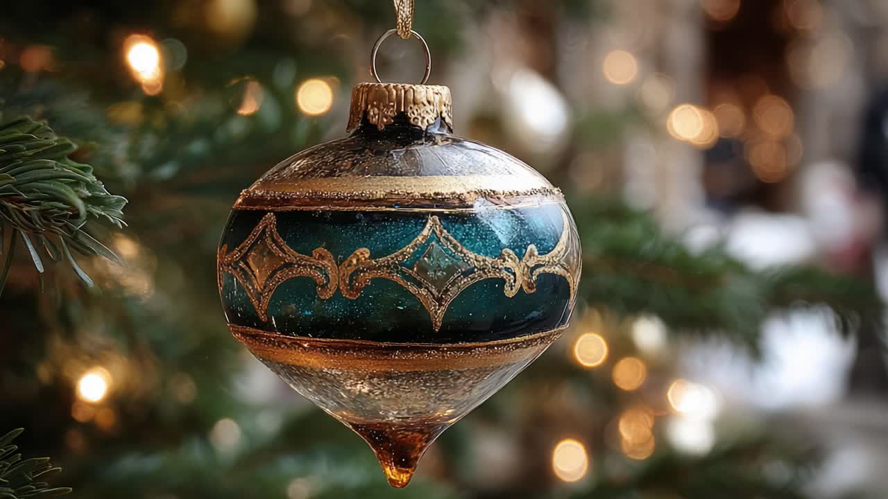 Kauniisti tehty vintage-tyylinen joulukoriste roikkuu puussa. Koristeessa on kimaltavia yksityiskohtia, syvän sininen väri ja kultaisia yksityiskohtia valoisaa ja juhlavan taustaa vasten.
