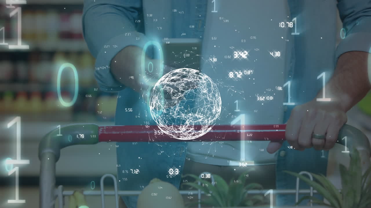 디지털 글로브 애니메이션은 스마트폰으로 쇼핑하는 사람을 보여주며 글로벌 연결성을 강조합니다.