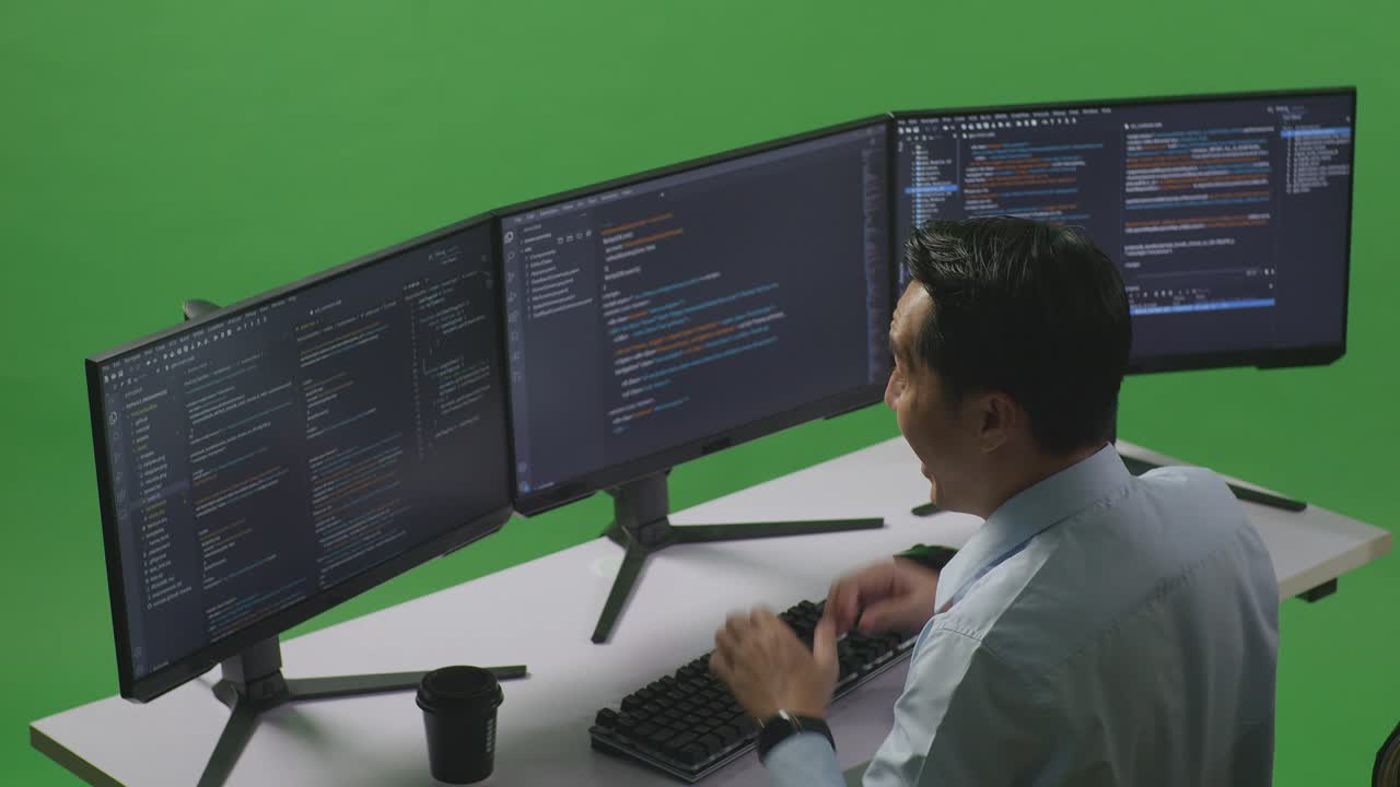 vista lateral de un desarrollador asiático feliz celebrando mientras escribe código con múltiples pantallas de computadora en el estudio de pantalla verde